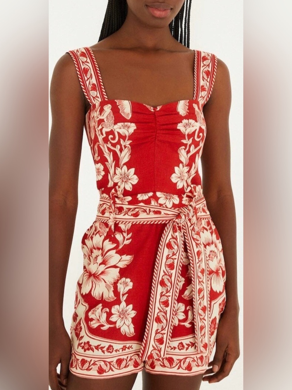 FARM Rio Red and Cream Floral Print Romper with Waist Tie - Picture 5 of 10